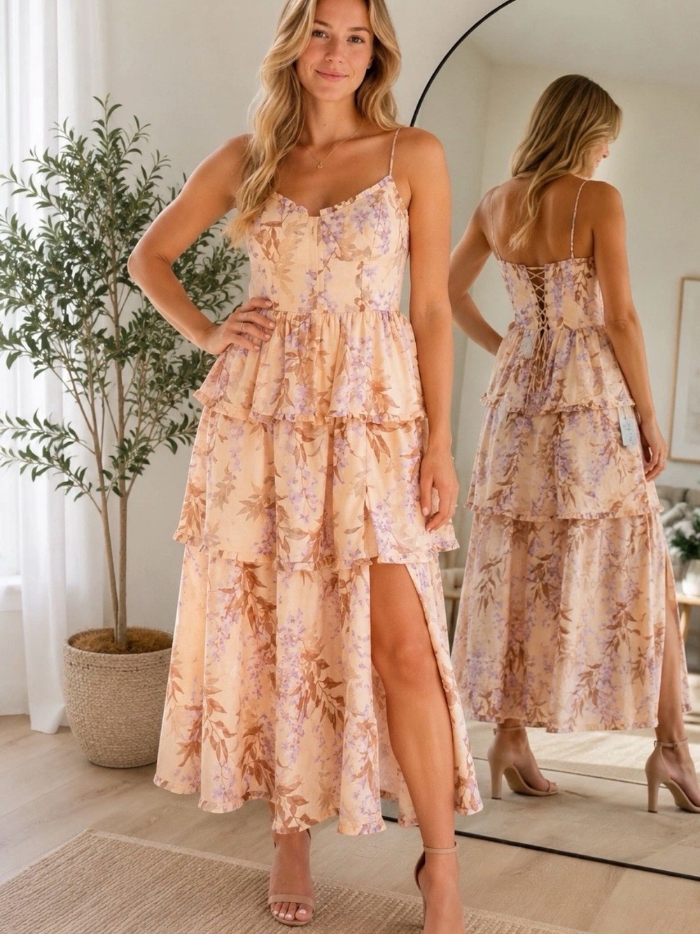 House of Harlow 1960 Linen Floral Corset Bustier Midi Dress Size S